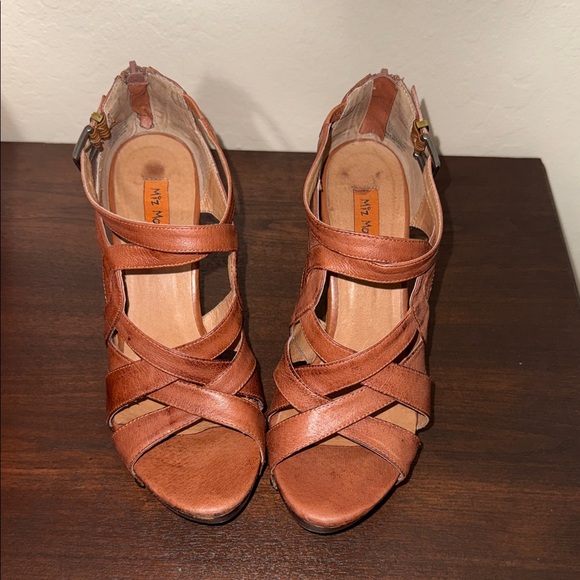 Miz Mooz Shoes - Miz Mooz Kay Cognac Leather Strappy Cork Wood Wedge Sandals Brown Womens